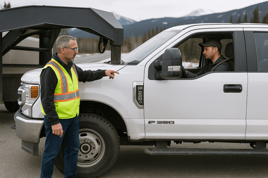 An instructor wearing a high-visibility safety vest guides a student seated in a white Ford F-350 truck hitched to a gooseneck trailer during heavy trailer training in Yukon.
