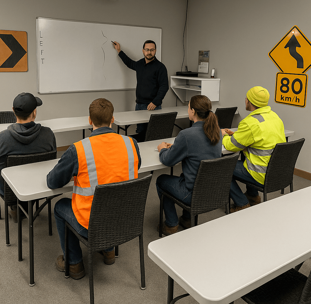 An instructor stands at the front of a driver training classroom, teaching a group of adult students in work clothing seated at tables. Traffic signs and a whiteboard are visible on the walls.